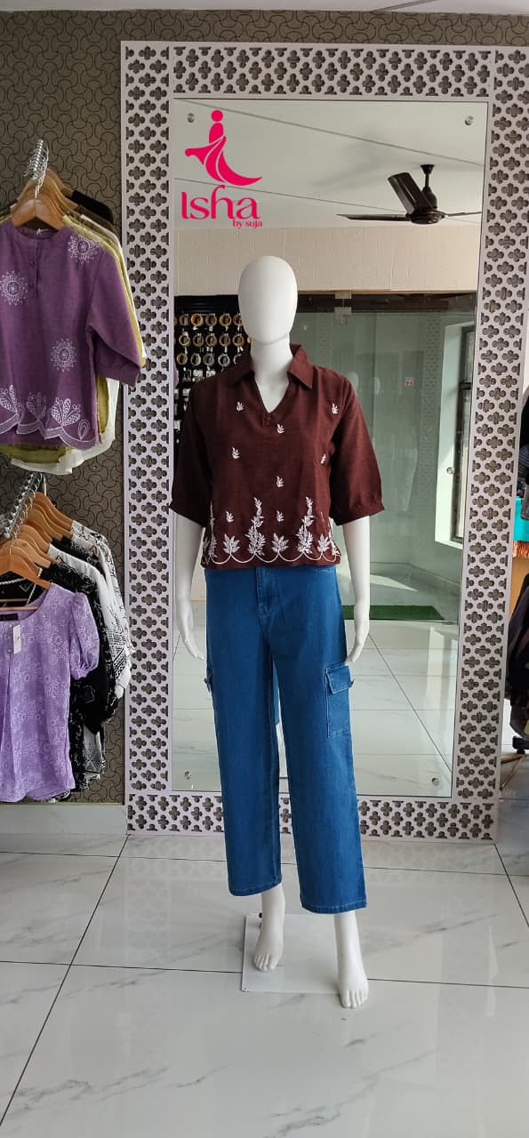 Embroidered Collared Cotton Top